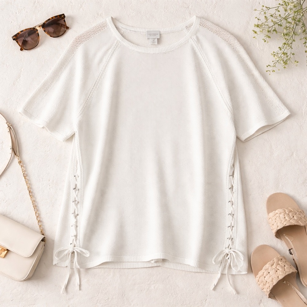 Chico's Weekends White Knit Top‎ 3 (XL / 16) Lace-Up Side Short Sleeve Sweater